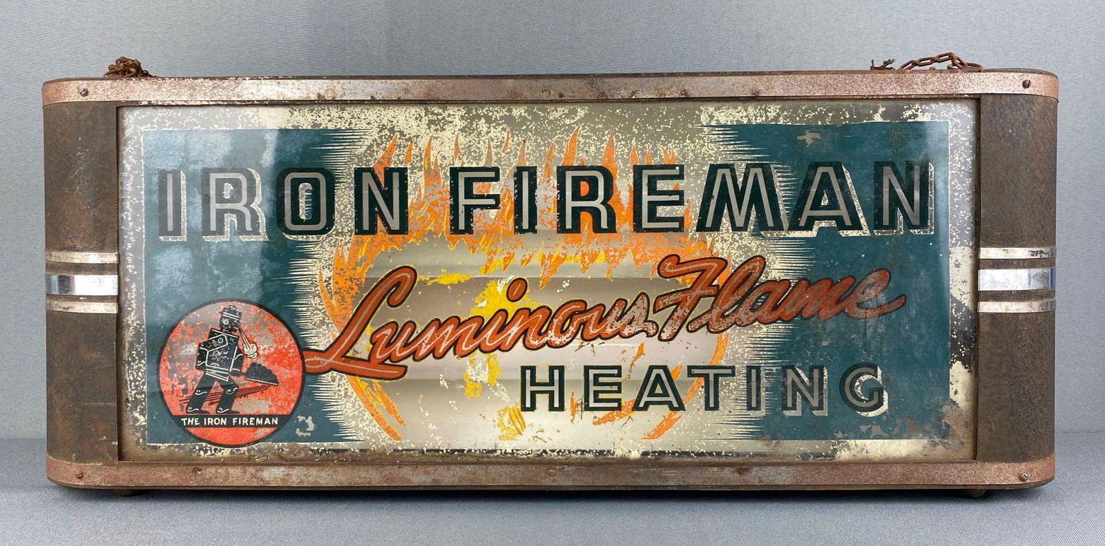Iron Fireman Luminous Flame Heating Light Up Reverse Glass Advertising