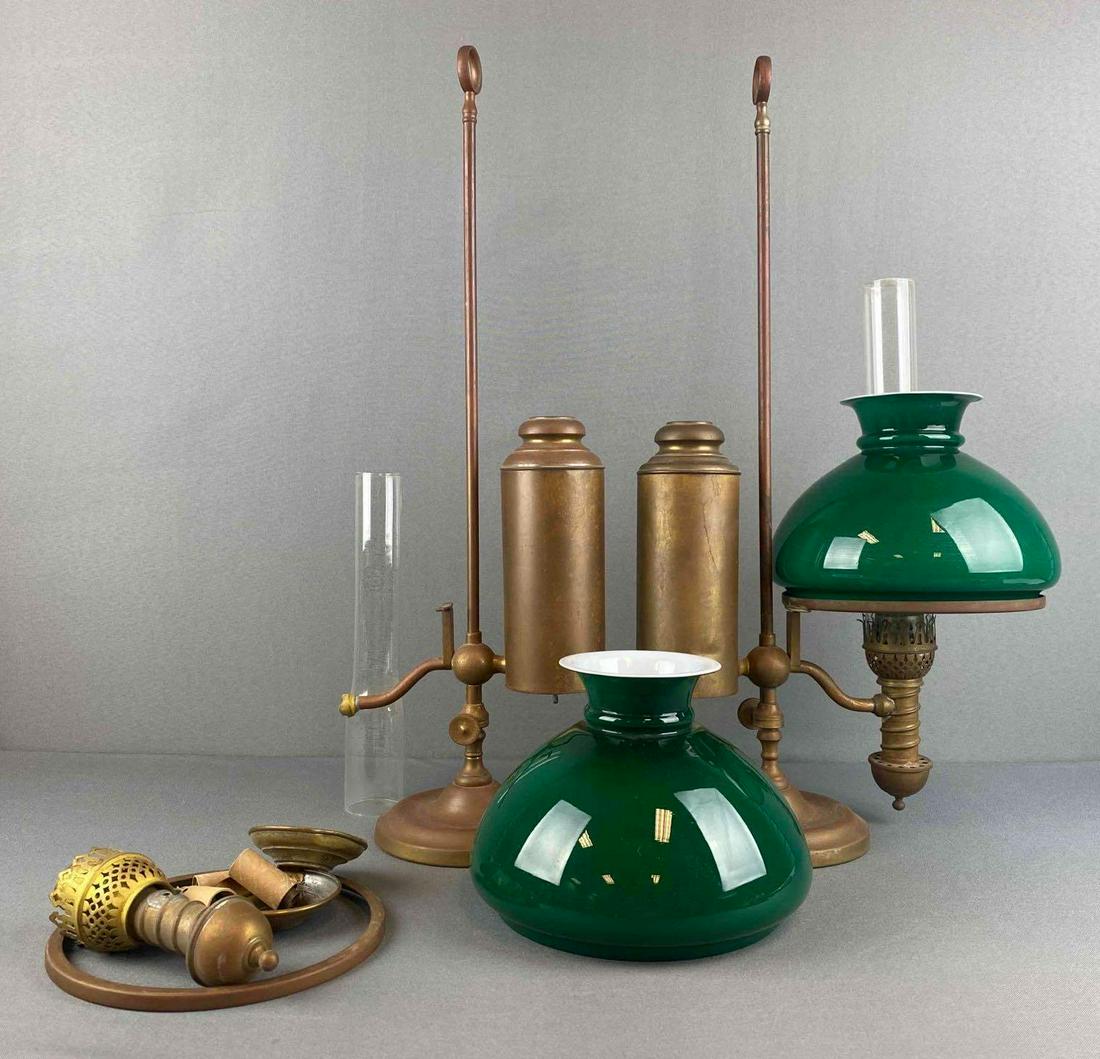 Pair Of Oil Brass Student Lamps with Green Glass Shades (1 of 6)