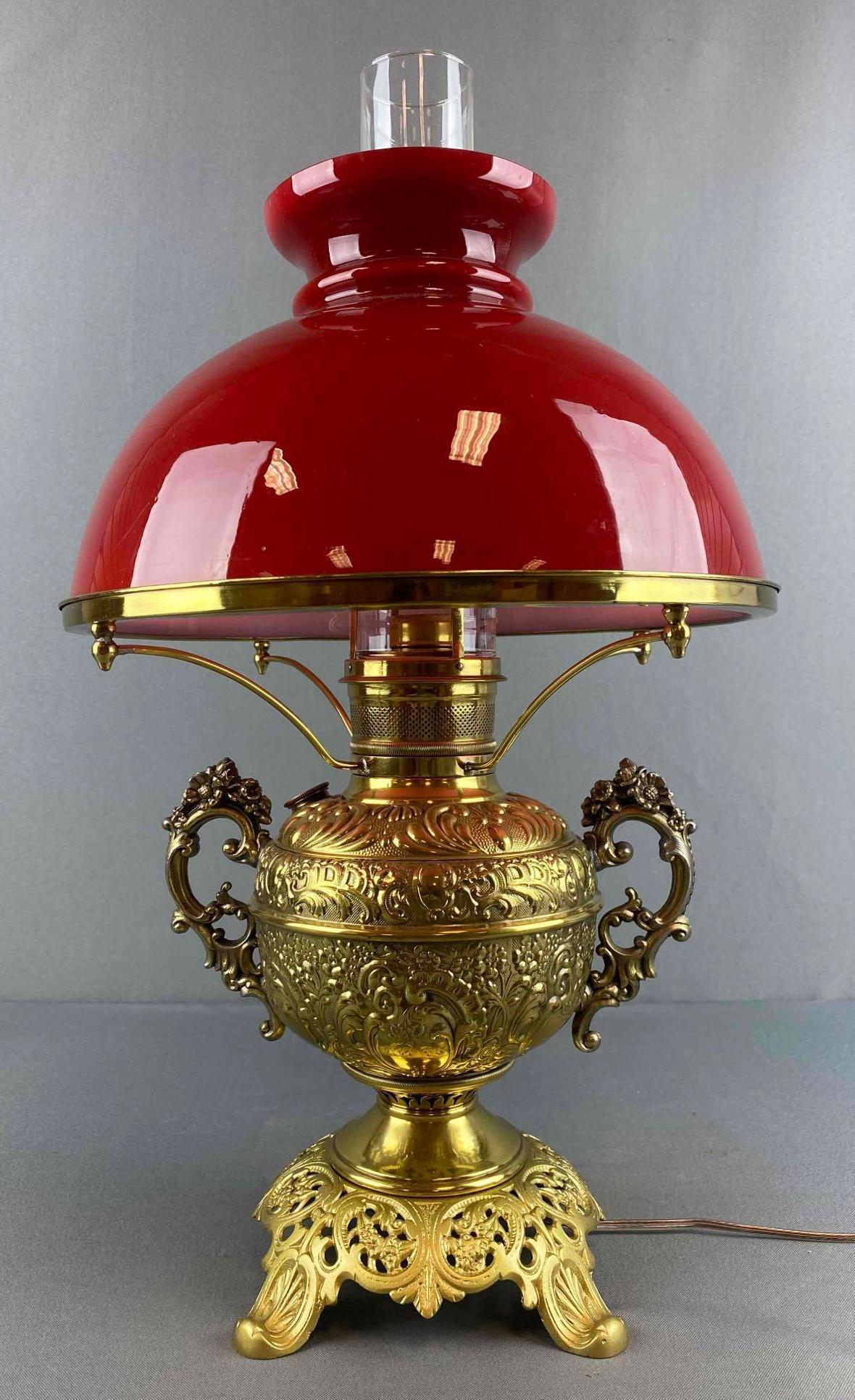 Brass Table Lamp with Red Glass Shade (1 of 6)