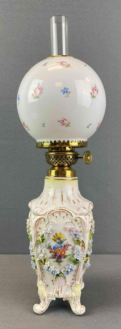 Oil Lamp with Milk Glass Shade: Oil, untested. Marked The Victor PA MFG Co. 15 inches tall. Fitter size measures 2 3/4 inches.