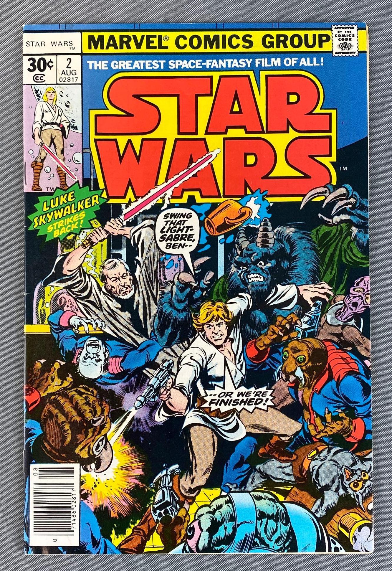 Marvel Comics Group Star Wars No. 2: 1st Appearance of Han Solo and Chewbacca, Greedo, Ponda Baba (Bounty Hunter), Jabba the Hutt (as a Human) 1st Print - 30 Cent Square Price Box. Aug. 1977, Bronze Age, $.30, bagged and boarded.