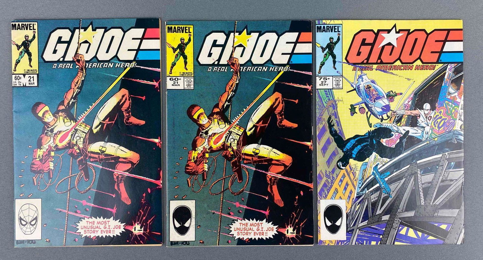 Group of 3 Marvel GI Joe Comic Books: 1st Appearance of Arashikage Clan and Storm Shadow. Includes No. 21, 21 third printing, and 27. 1983 - 84, Bronze Age. $0.60-$0.70, bagged and boarded.