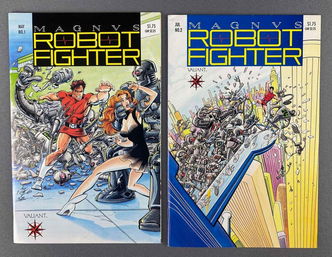 Group of 2 Valiant Magnvs Robot Fighter Comic Books: No. 1-2, May/July 1991, Modern Age. $1.75, bagged and boarded.