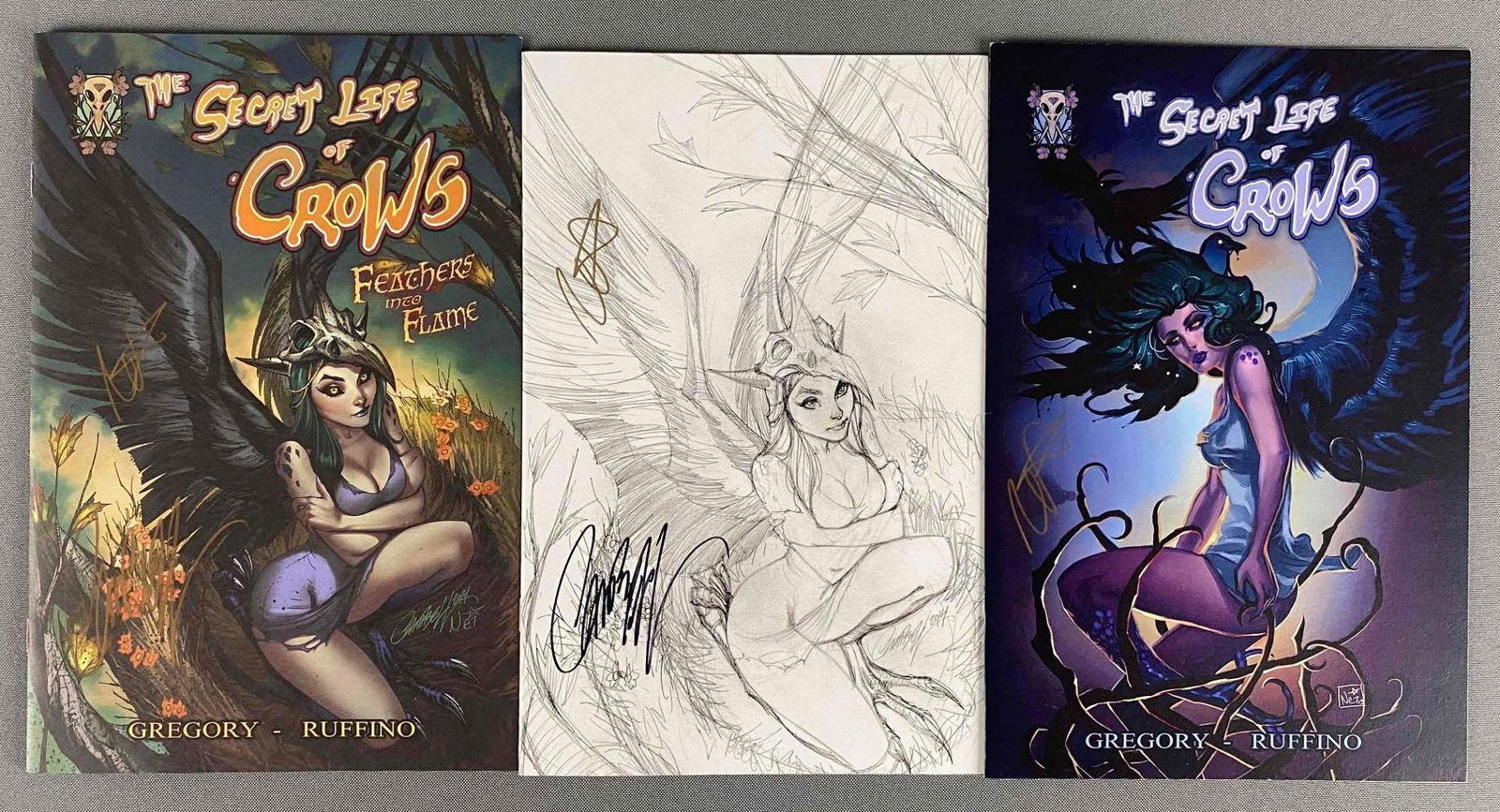 Group of 3 Organic Mechanic Signed The Secret Life of Crows: Variant cover. Modern Age, bagged and boarded