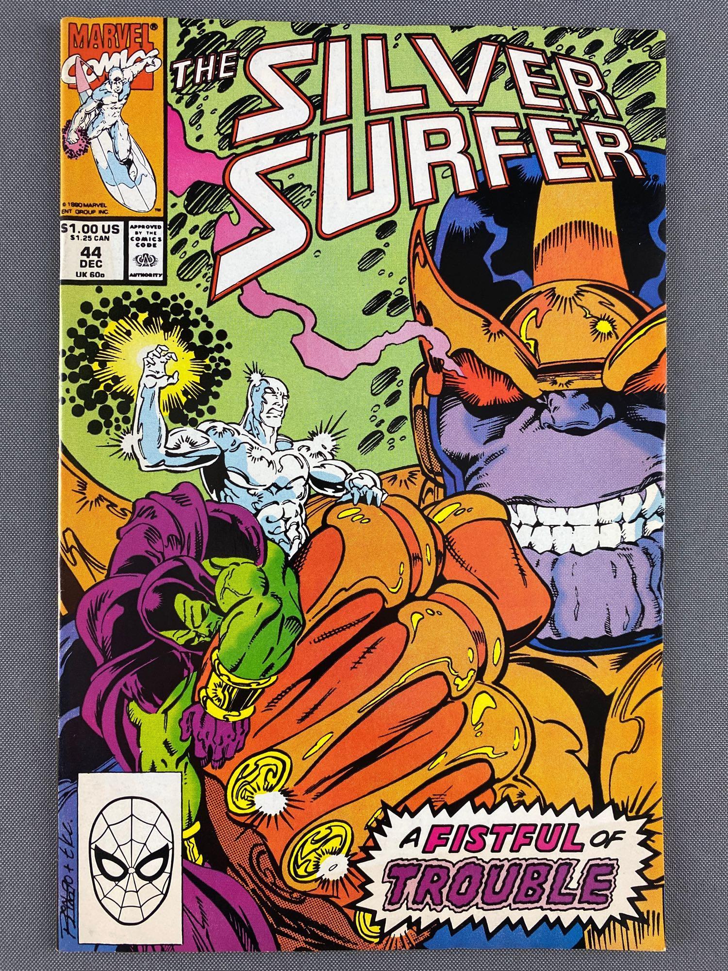 Marvel Comics Silver Surfer No. 44 Comic Book: December 1990, Modern Age, $1.00, 1st appearance of the Infinity Gauntlet. Some rippling on bottom border