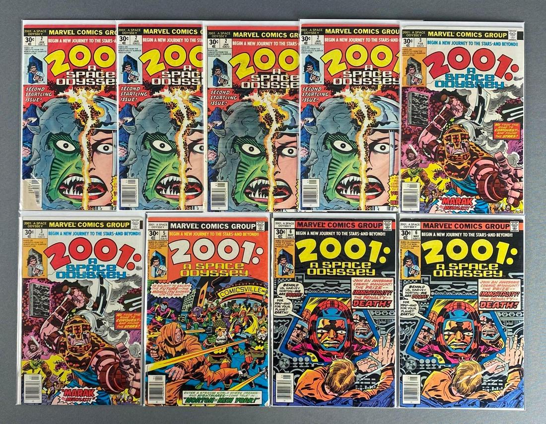 Group of 9 Marvel 2001:A Space Odyssey Comic Books: No. 2-3, 5-6, includes duplicates, Jan 1977-May 1977, Bronze Age, $.30, bagged and boarded.