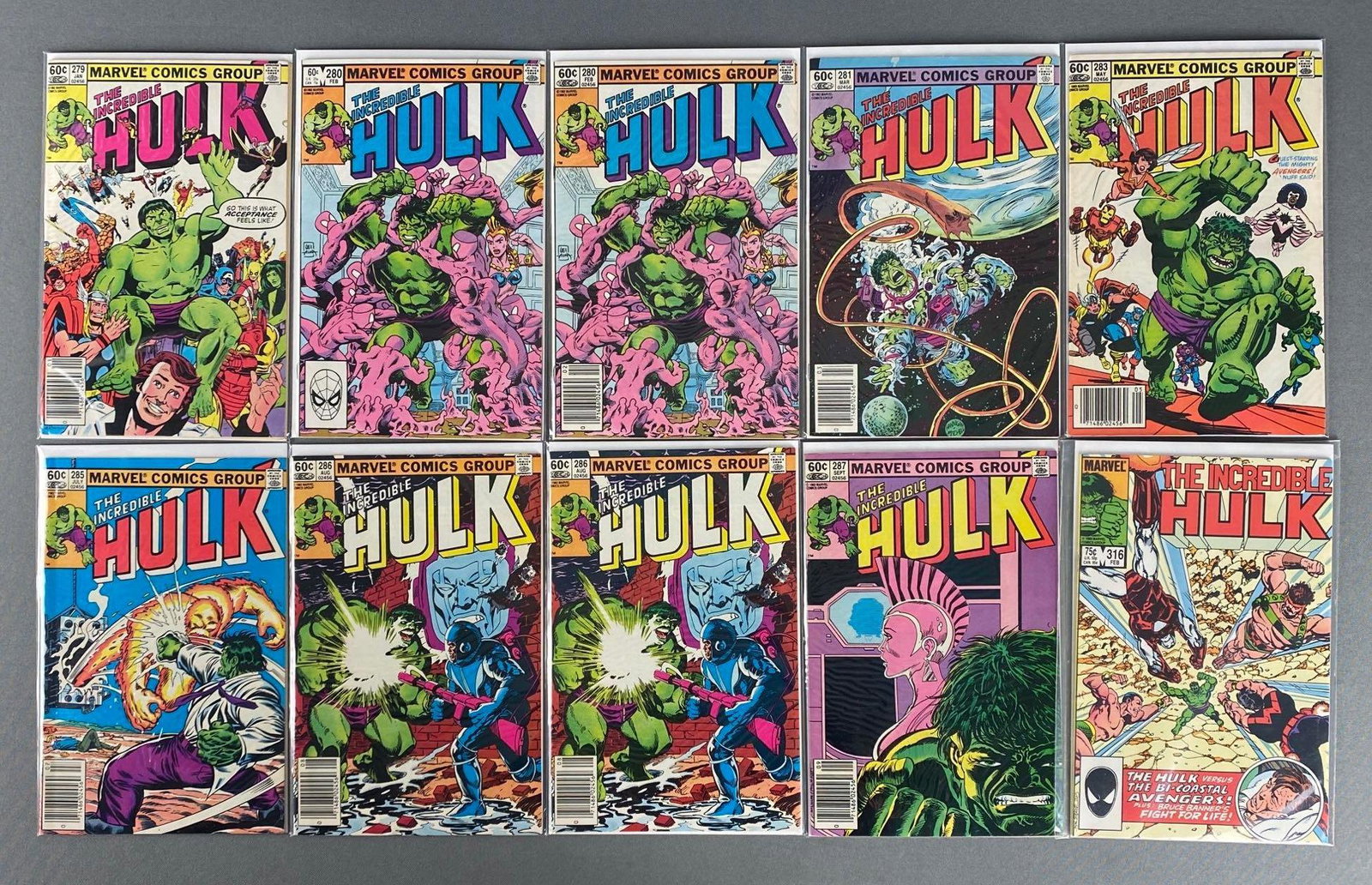 Group of 10 Marvel The Incredible Hulk Comic Books: Various issue numbers, Jan 1983-Feb 1986, Bronze-Modern Age, $.60-$.75, bagged and boarded.