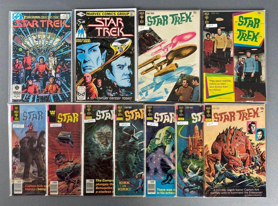 Group of 11 Assorted Star Trek Comic Books: Including DC, Marvel, Gold Key, and more, various issue numbers, 1969-1984, Silver-Bronze Age, $.15-$.75, bagged and boarded.