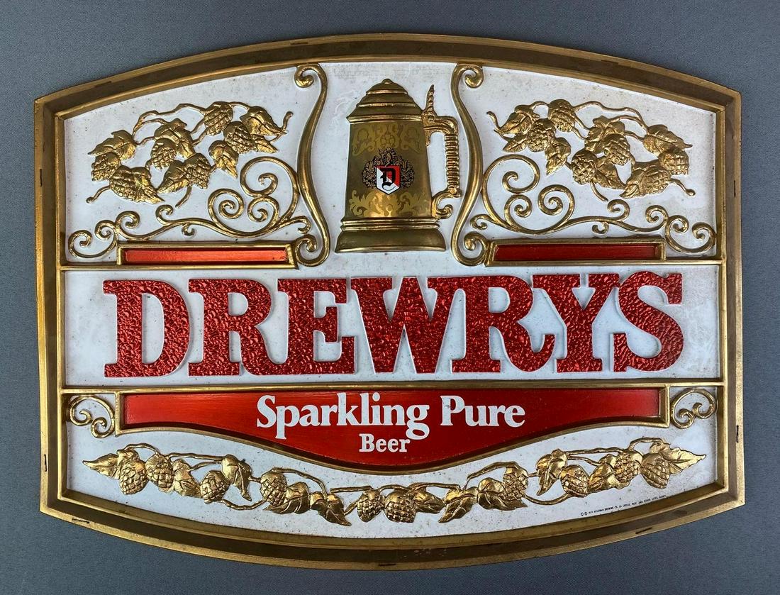 Drewrys Plastic Beer Advertising Sign: 16 x 20 1/2 inches. 1979.