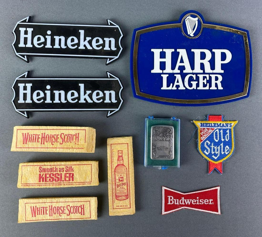 Group of 10 Advertising Liquor Items: Includes Heineken Sign, Harp Lager Sign, Hellman Old Style Patch, and more. Largest item measures 6 1/4 x 8 inches.