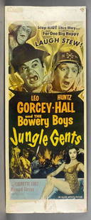 1954 Jungle Gents Insert Movie Poster: Starring The Bowery Boys. Measures 36 x 14 inches. There is some Sun fading, creases and tears. The borders have been painted white.