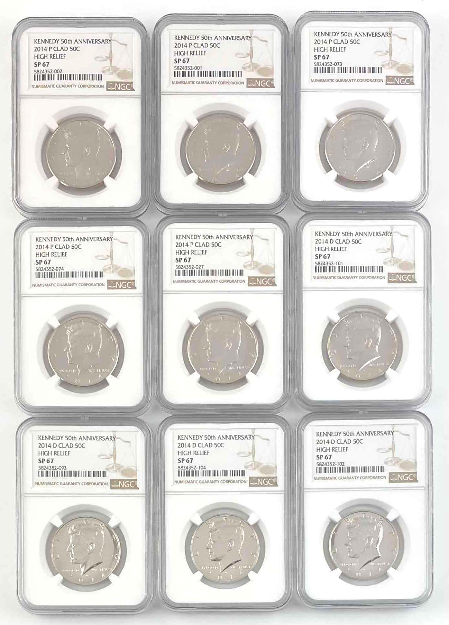 Group of 9 2014 P/D Kennedy 50th Anniversary High Relief Half Dollars ALL NGC SP67 (1 of 2)