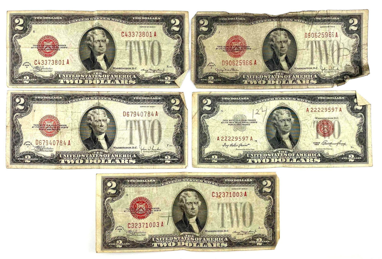 Group of 5 $2 US Notes 1928 Red Seals (1 of 2)