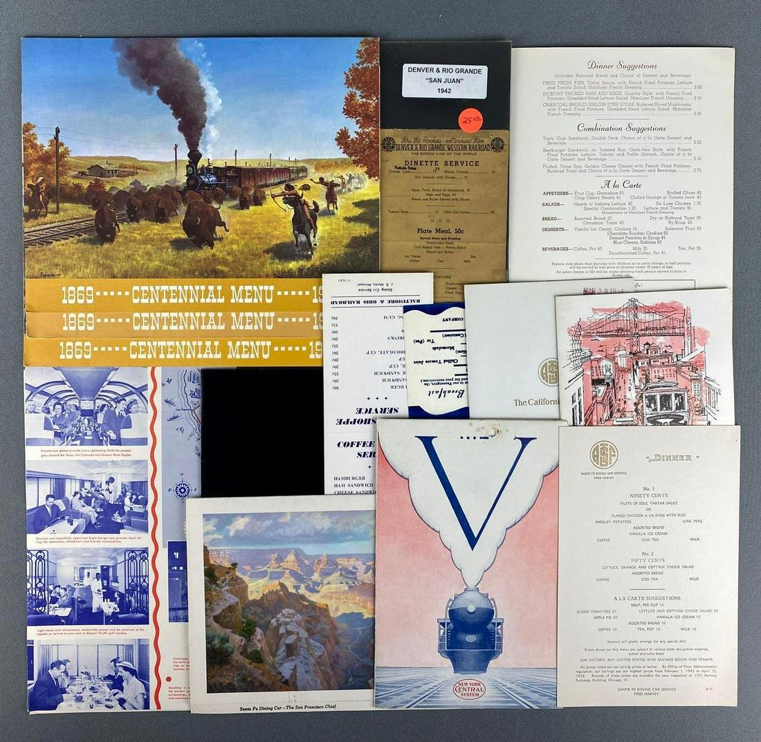 Group of Assorted Railroad Menus: circa mid 1900s, includes California Zephyr, Santa Fe, New York central, centennial and more