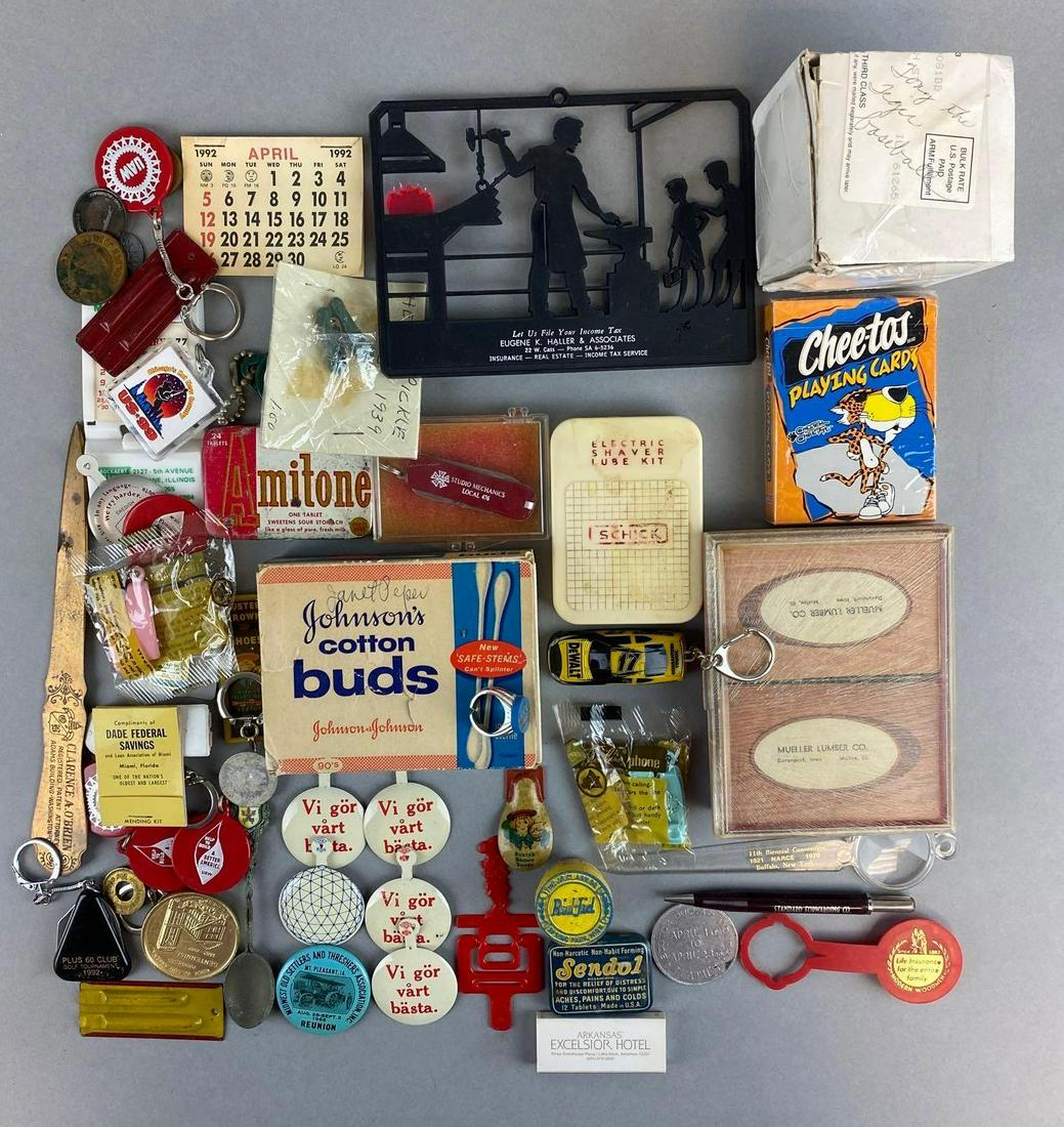 Group of 30+ Assorted Advertising Items: Includes Cheetos Playing cards, keychains, Heinz pickle pins, and more. Largest items 4 1/2 x 6 inches.