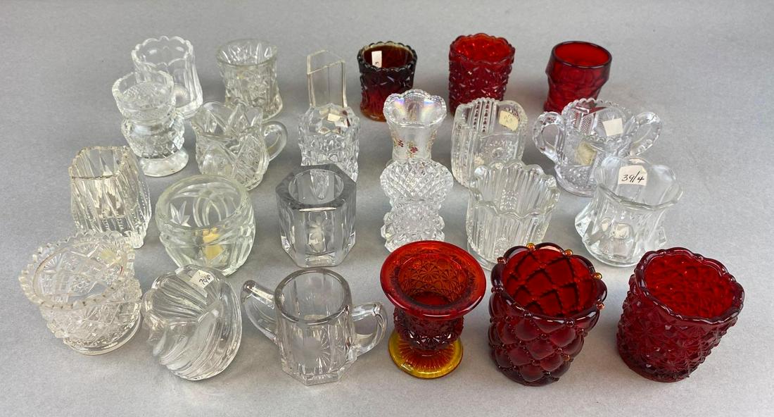Group of 20+ Assorted Glass Toothpick Holders: Includes cut glass, etched glass, Ruby glass, and more. Largest measures 3 x 2 inches.