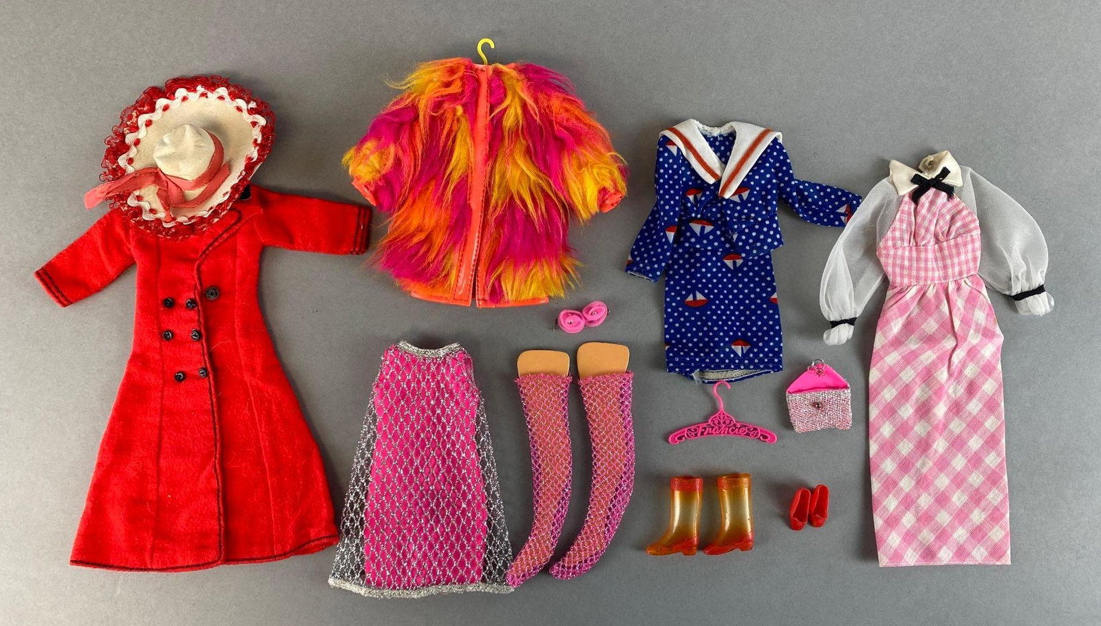 Group of 10+ Mattel Francie Fashion Accessories: 1960s, includes shoes, dresses, coat, and more, for 11in dolls.
