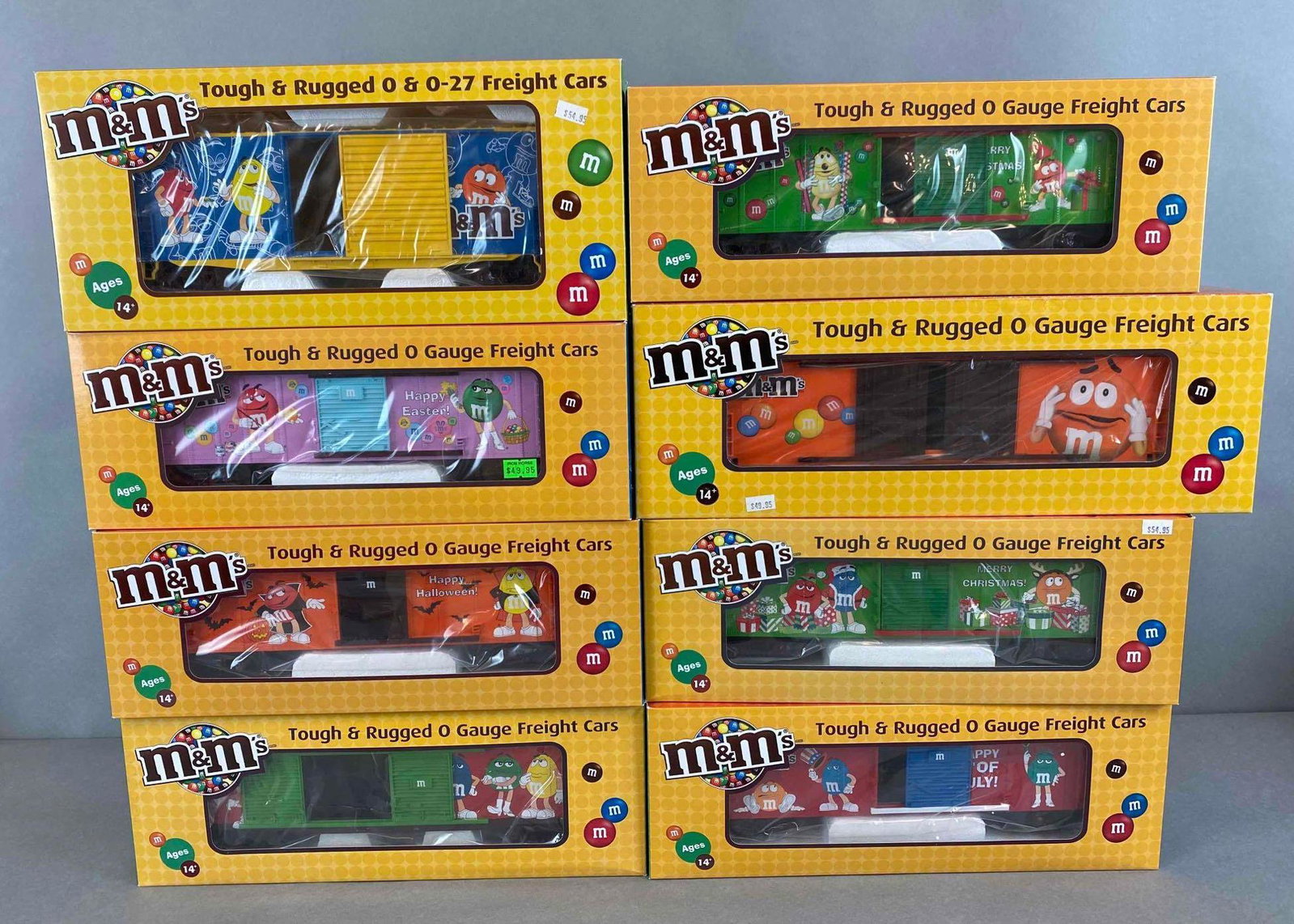 Group of 8 MTH electric M&M O scale Train Cars: 5 1/2 x 15 1/2 x3 1/2, In original packaging