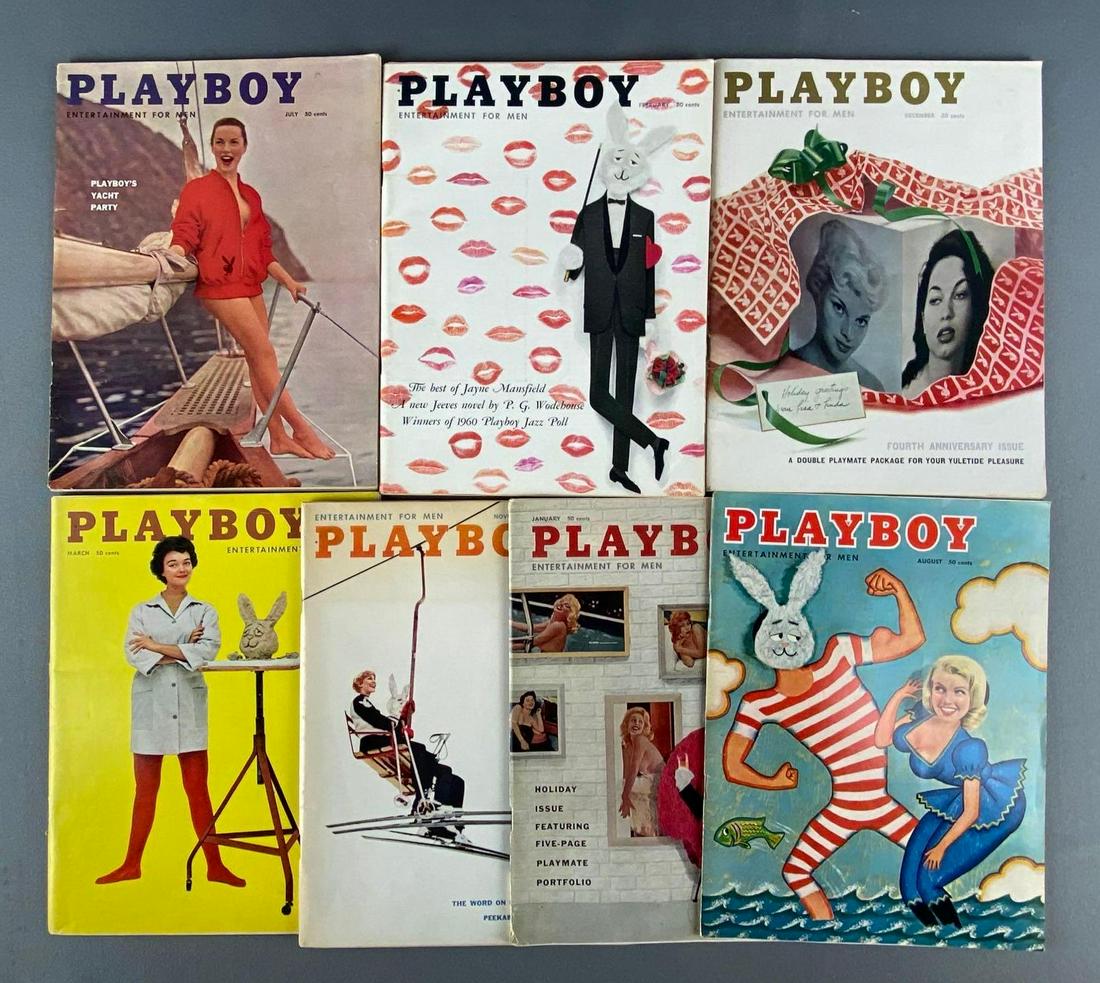 Group of 7 Assorted Playboy Adult Magazines: 1950s-60s.