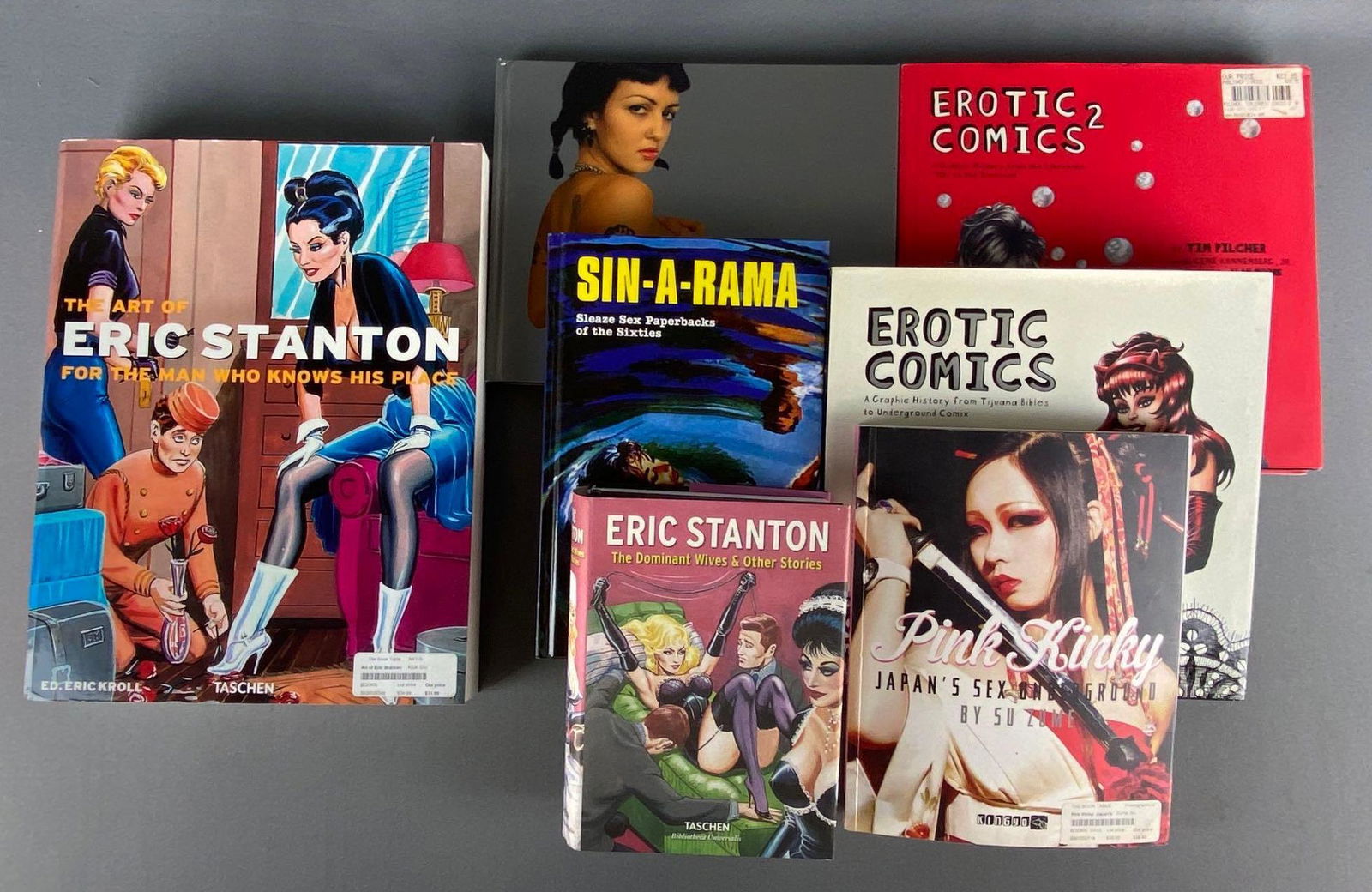 Group of 7 Assorted Adult Books: Includes Erotic Comics 1 and 2, The Art of Eric Stanton, Pink Kinky, and more, largest book measures 13 1/2 x 10 1/2 x 2in.