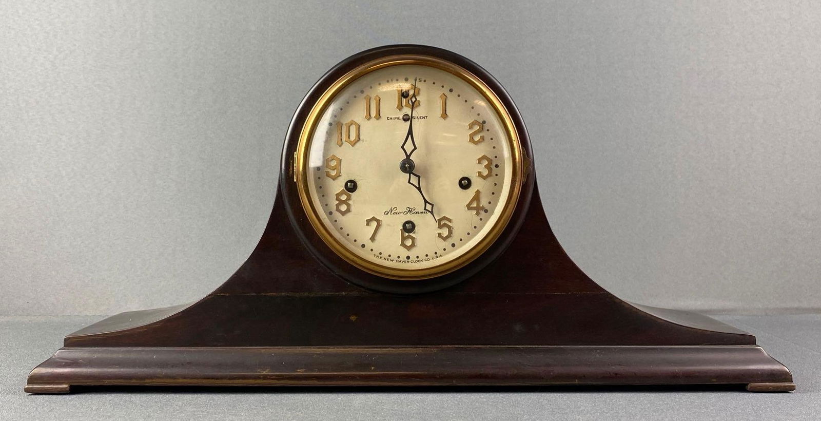Wood New Haven Mantel Clock: 9 x 18 1/2 x 5 1/2 inches. untested