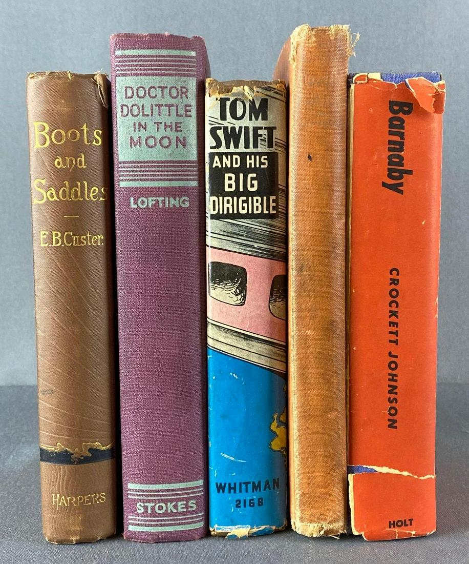 Group of 5 Assorted Hardback Books: Includes Boots and Saddles, Barbary, Tom Swift and his Big Dirigible, and more, some torn covers.