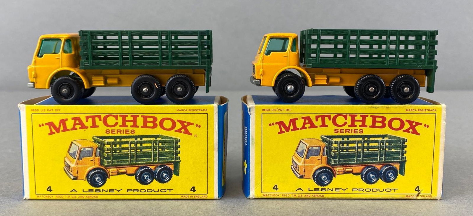 Group of 2 Matchbox No. 4 Stake Trucks: A Lesney Product. With original boxes. Made in England. Die-Cast.