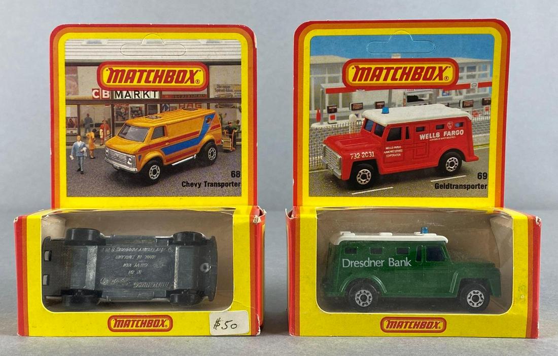 Group of 2 German Matchbox Club Die-Cast Vehicles: Includes No. 68 Chevy Transporter, and No. 69 Geldtransporter. In original packaging. A Lesney Product. Packaging measures 5 1/4 x 4 x 1 1/2in.