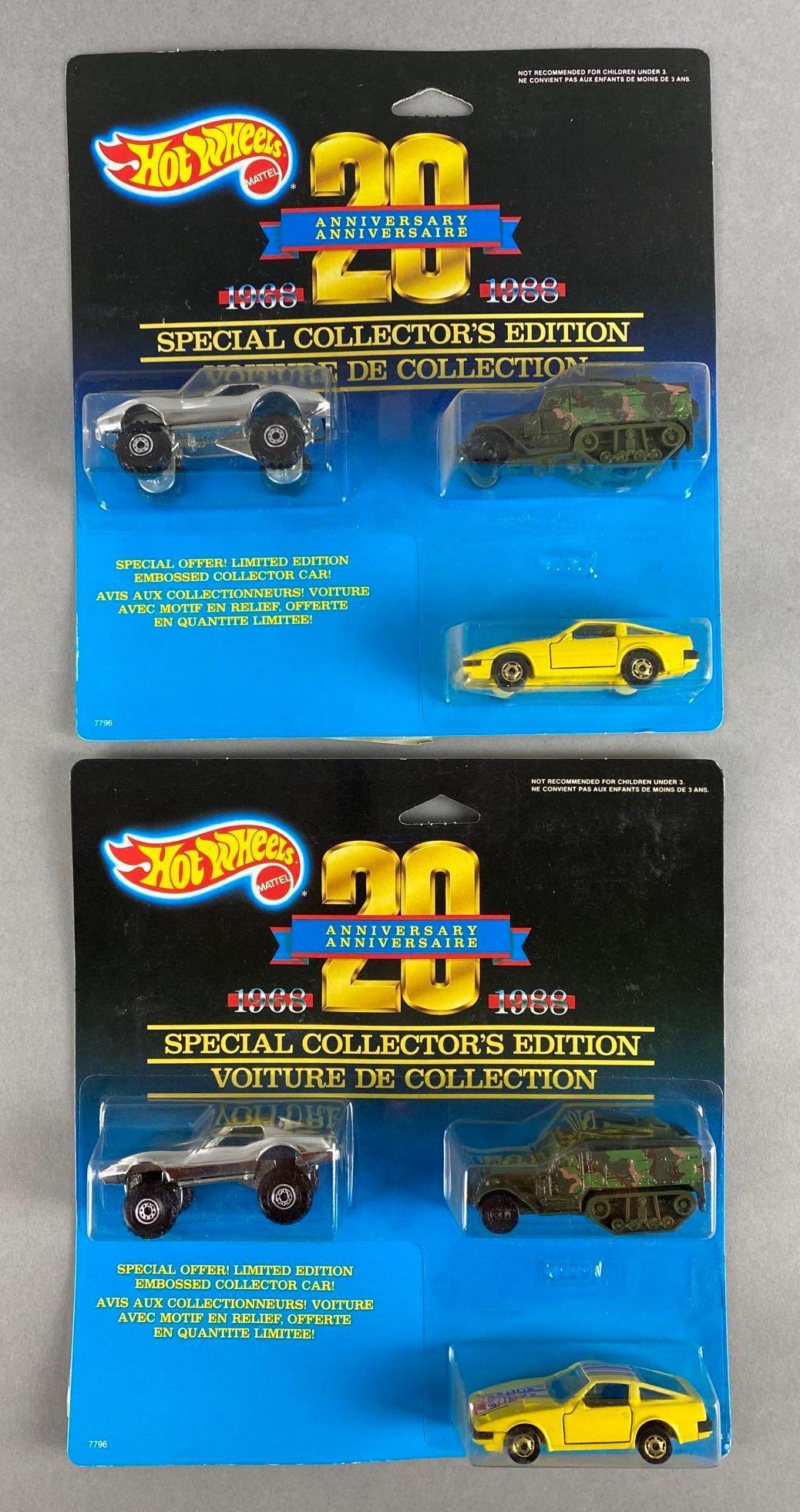 Group of 2 Hot Wheels 20th Anniversary Collectors Packs: Limited Edition. Mattel. Die-Cast. In original packaging. Packaging measures 9 x 8 1/2 x 1 1/2in.