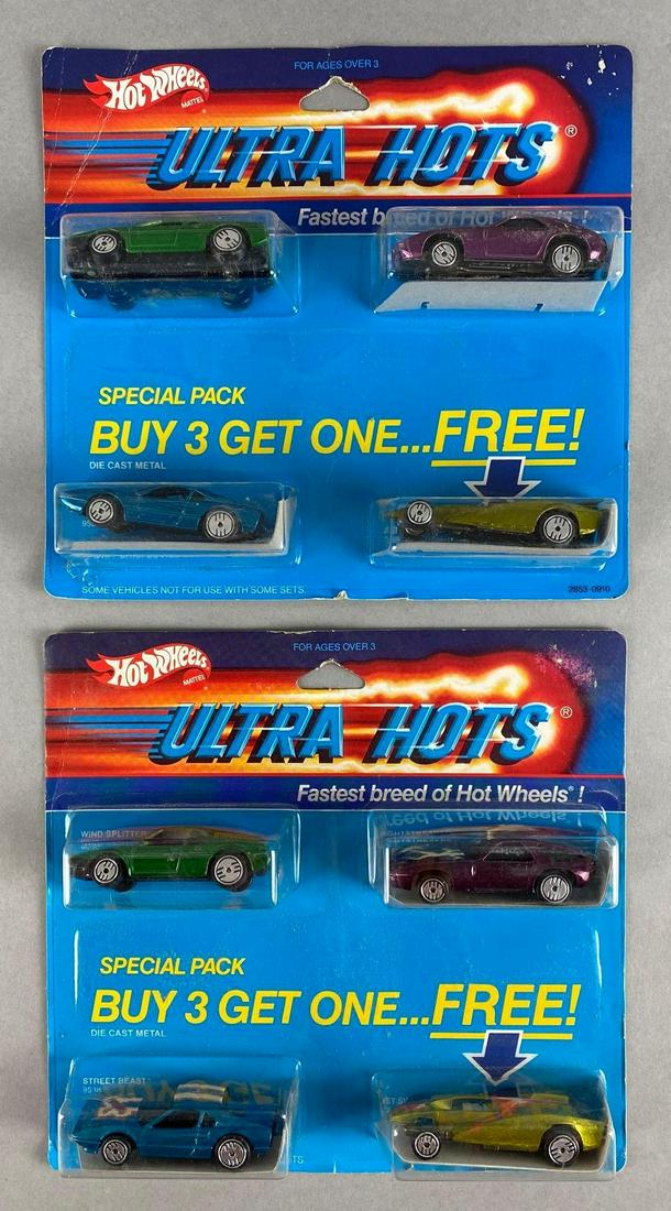 Group of 2 Hot Wheels Ultra Hots Die-Cast Vehicle Packs: 1985. Mattel. In original packaging. Packaging measures 8 x 8 1/2 x 1 1/2in.
