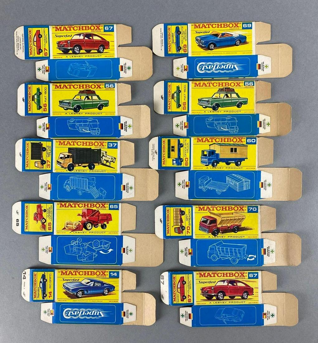 Group of 10 Matchbox F Type Boxes: Includes No. 56 Fiat 1500, No. 37 Cattle Truck, No. 65 Claas Combine Harvester, and more.