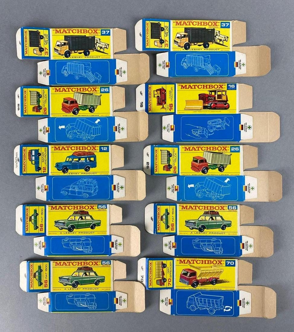Group of 10 Matchbox F Type Boxes: Includes No. 70 Grit Spreader, No. 56 Fiat 1500, No. 16 Case Tractor, and more.