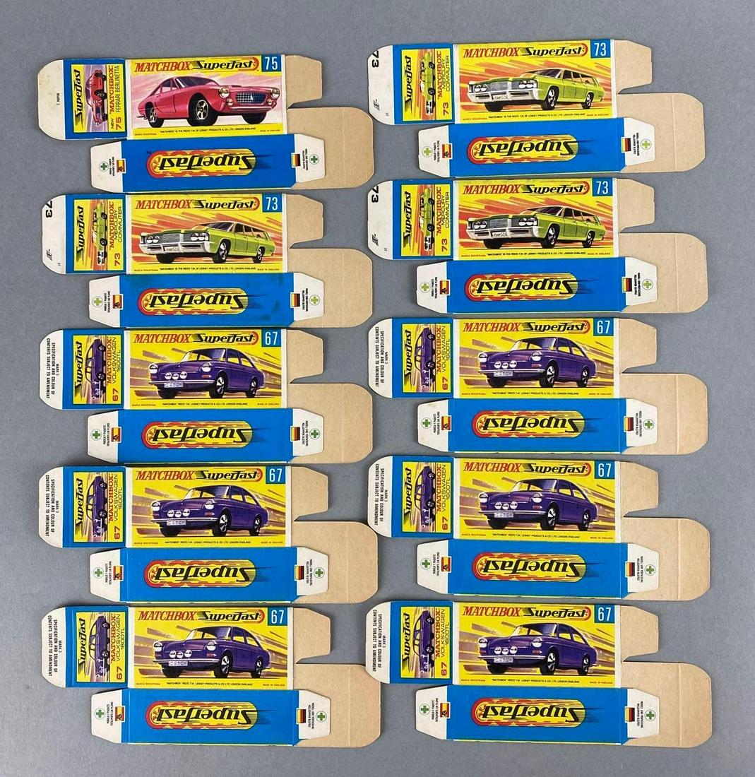 Group of 10 Matchbox G Type Boxes: Includes No. 75 Ferrari Berlinetta, No. 73 Mercury Commuter, and No. 67 Volkswagen 1600TL.