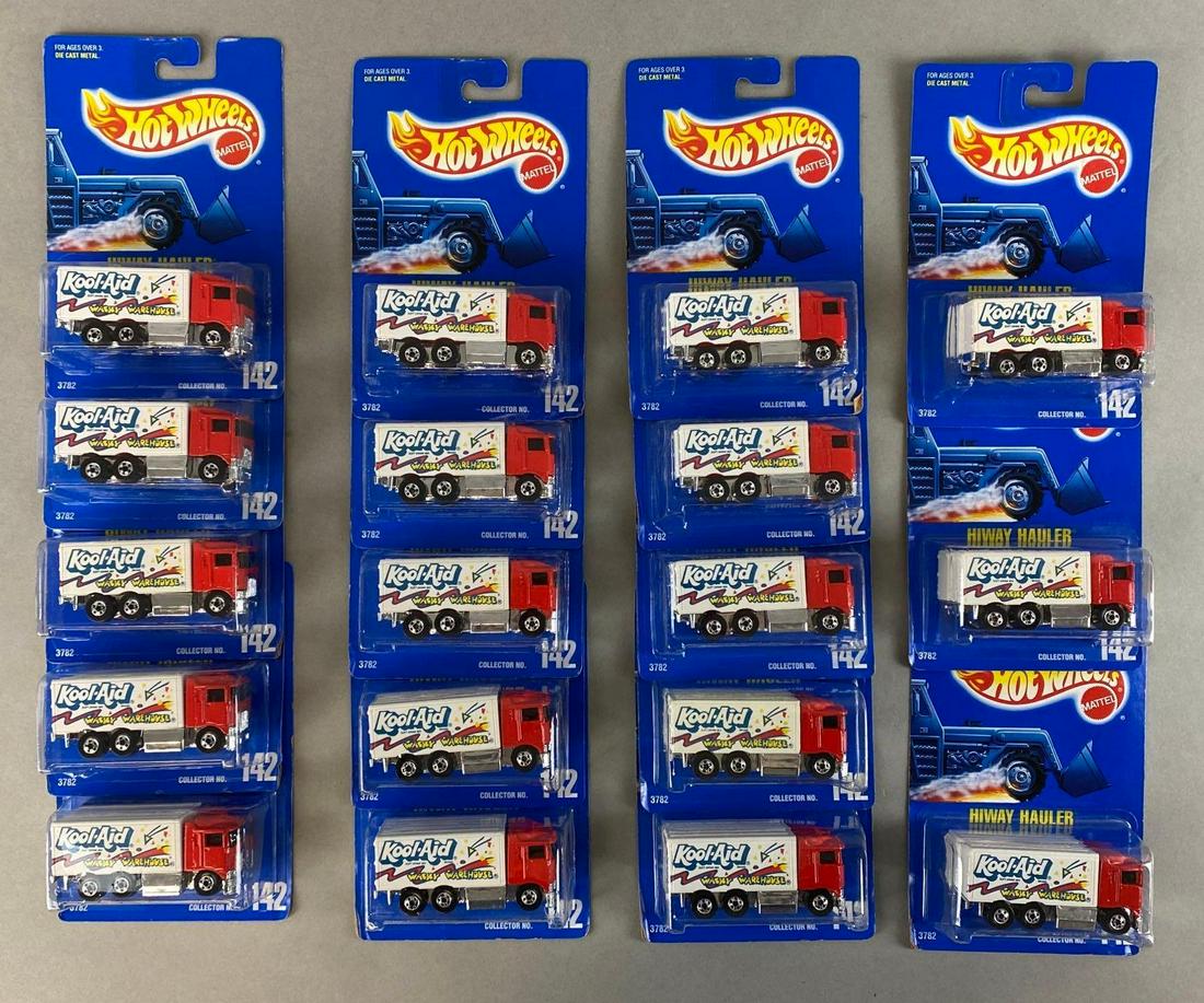 Group of 18 Hot Wheels No. 142 Hiway Haulers: Mattel. Kool-Aid. In original packaging. Packaging measures 6 1/2 x 4 1/4 x 1 1/2in.