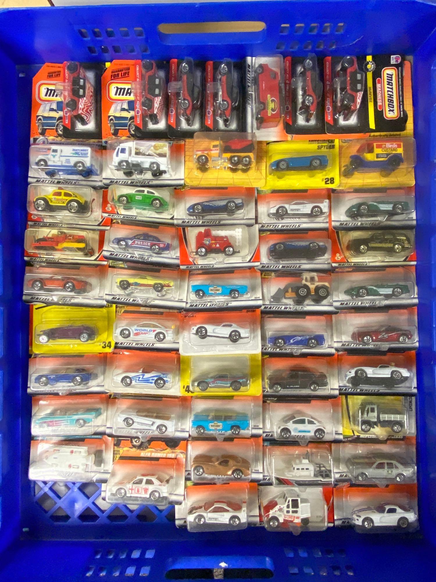 Group of 40+ Assorted Matchbox Die-Cast Vehicles: A Lesney Product. Includes No. 43 Camaro Z-28, No. 28 Mitsubishi Spyder, No. 34 Prowler, and more. In original packaging. Packaging measures 6 1/2 x 4 1/4 x 1 1/2in.