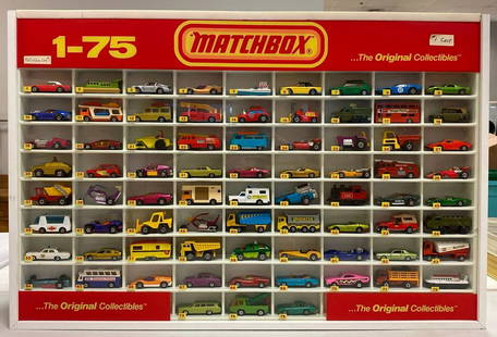 Matchbox Display-Full: 32.5x9.25x21.5 inches, includes 75 Matchbox die-cast vehicles