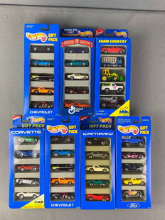 Group of 7 Hot Wheels Gift Packs: Includes Chevrolet, Ford, General Mills, and more. All new in original packaging.