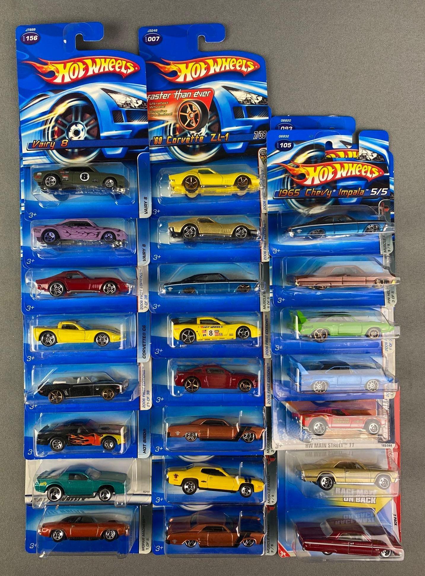 Group of 20+ Assorted Hot Wheels Die-Cast Vehicles: Includes 1965 Chevy Impala, Vairy 8, 1969 Corvette, and more. All new in original packaging