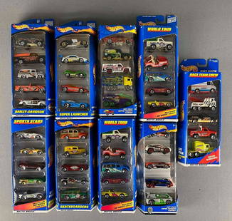 Group of 9 Hot Wheels Gift Packs: Includes Race team crew, world tour, super launchers and more, like new in original packaging, Die-cast