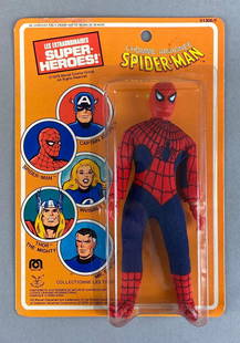 Marvel Mego Corp. French Spider-Man Action Figure: 1979. Pin Pin Toys. 8in Figure. In original packaging. Packaging measures 10 x 7 x 1 1/2in. Includes Plexiglass Display Case