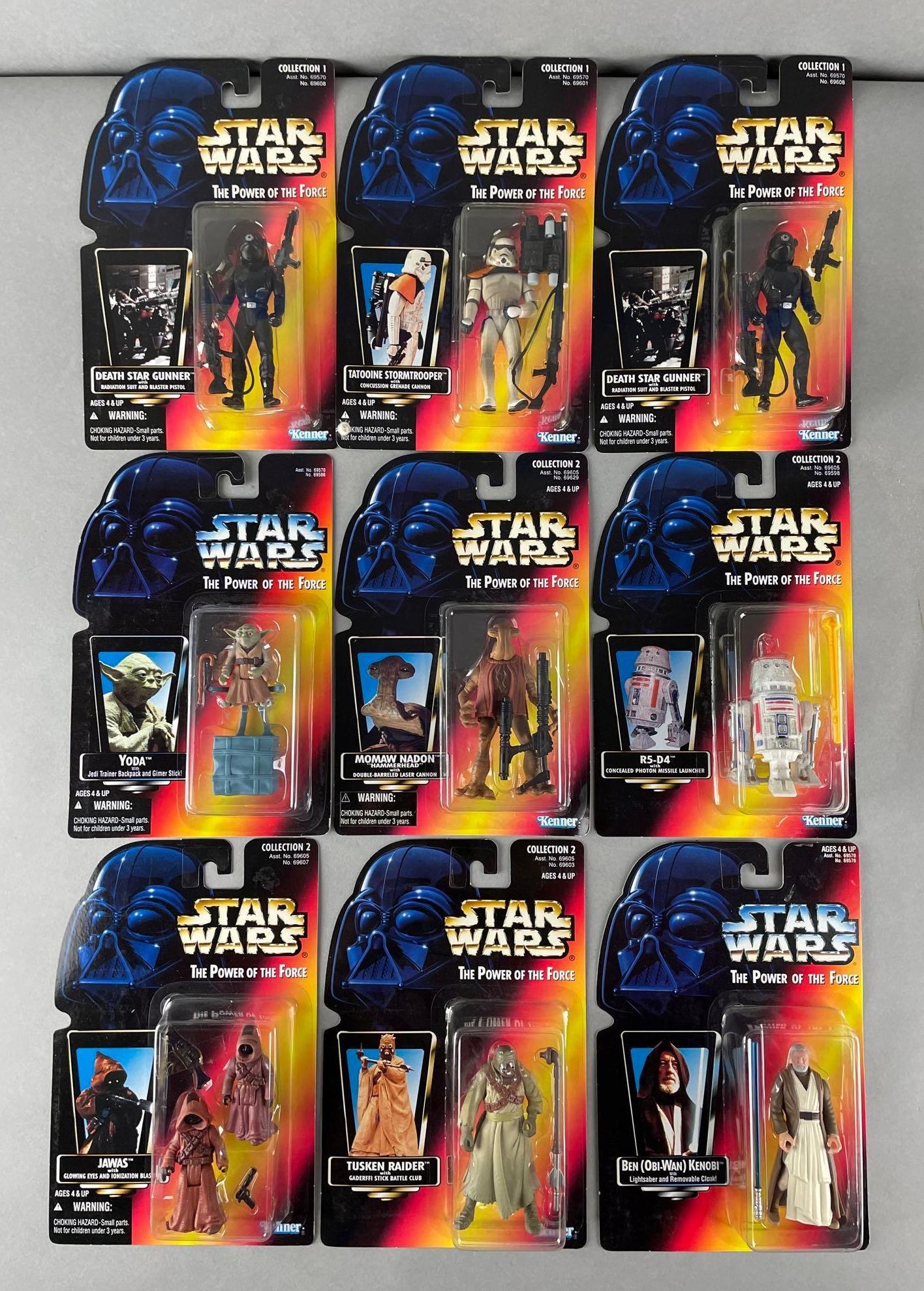Group Of 9 Kenner Star Wars The Power of the Force Action Figures: new in package. includes Yoda, Obi Wan Kenobi, tattooine stormtrooper and more. each measure 9 x 6 x 1 1/2 inches