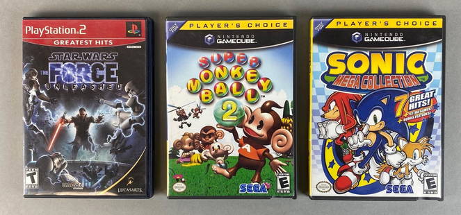 Group of 3 Assorted Videogames: Includes PlayStation 2 Star Wars The Firce Unleashed, GameCube Super Monkey Ball 2, and GameCube Sonic Mega Collection. Untested.