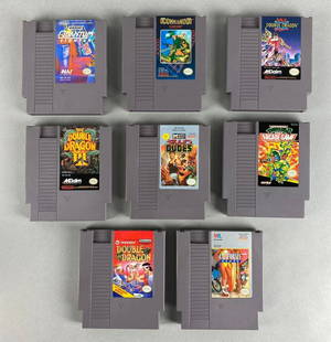 Group of 8 Nintendo NES Game Cartridges: Includes TMNT II the Arcade Game, Bad Dudes, Double Dragon, and more. Measures 5 1/2 x 4 3/4 x 3/4in.