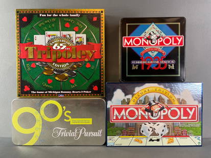 Group Of 4 Board Games: includes 90s Trivia Pursuit, 65th anniversary Tripoley, commemorative edition Monopoly, and deluxe edition Monopoly. largest measures 15 x 15 x 3 inches