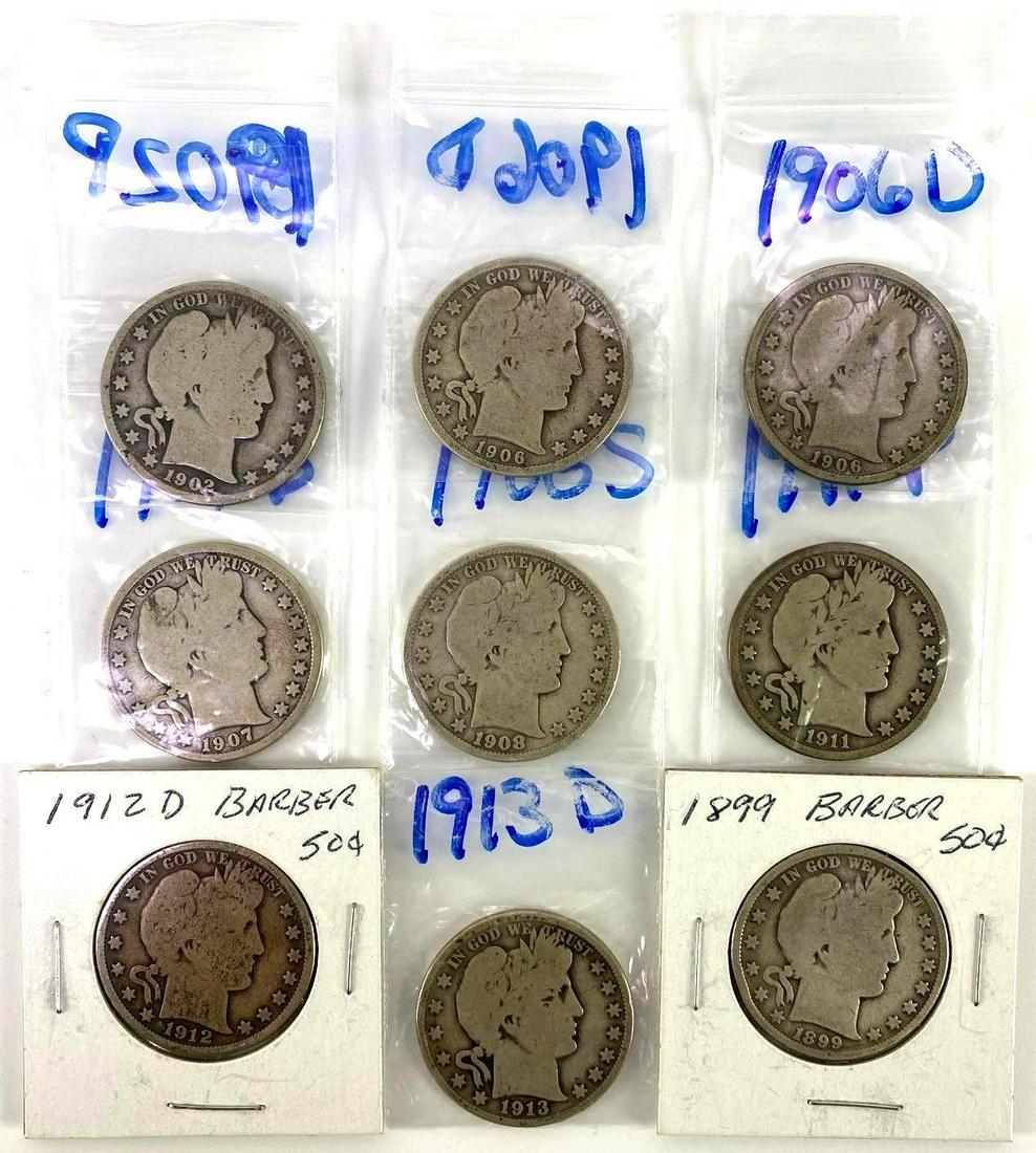 Group of (9) Barber Silver Half Dollars (1 of 2)