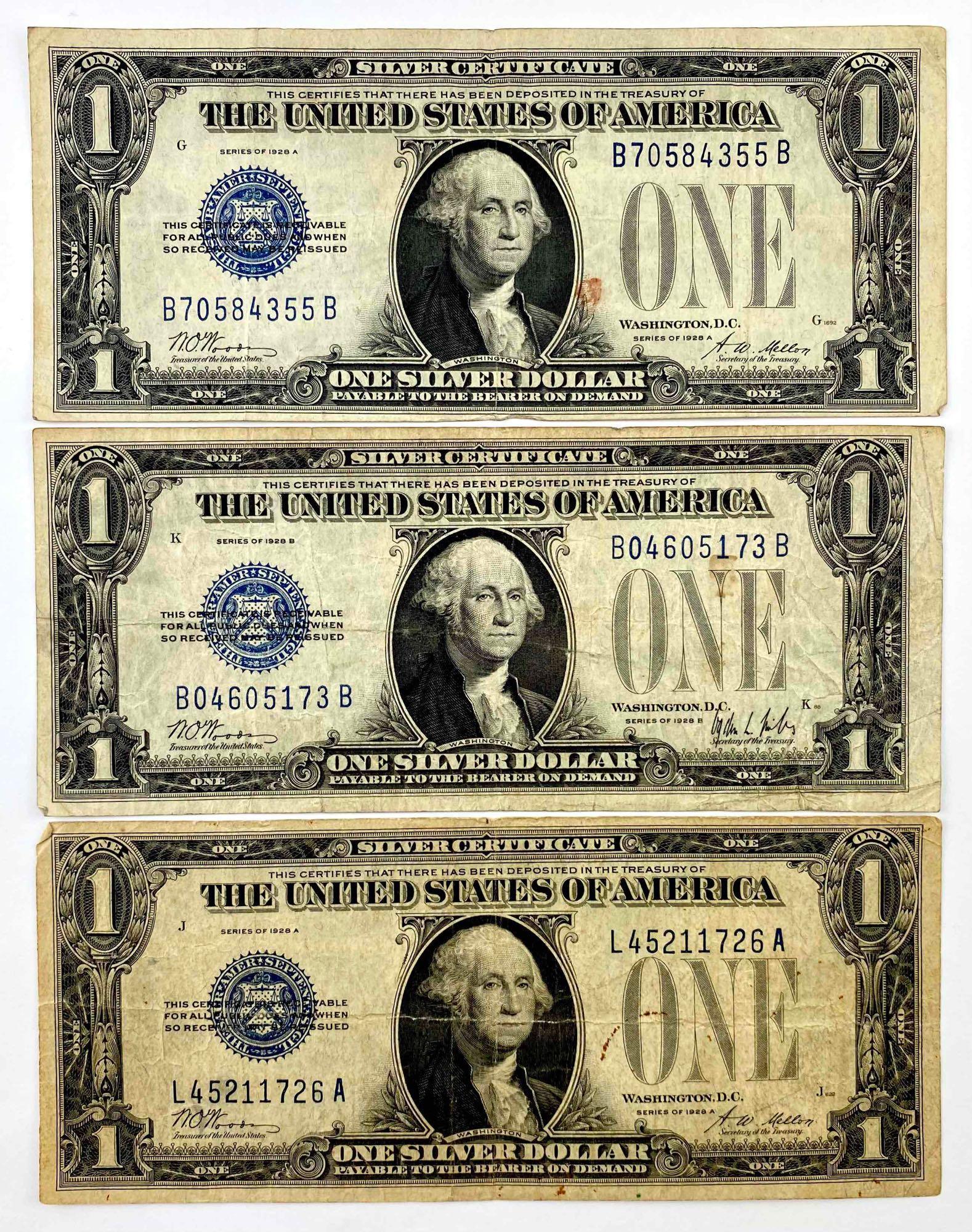 Group of (3) 1928 A $1 Blue Seal Silver Certificates (1 of 2)