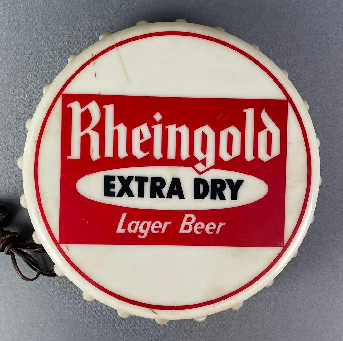 Vintage Rheingold Beer Bottle Cap Light Up Advertising Sign: working condition, measures 16 x 4 inches