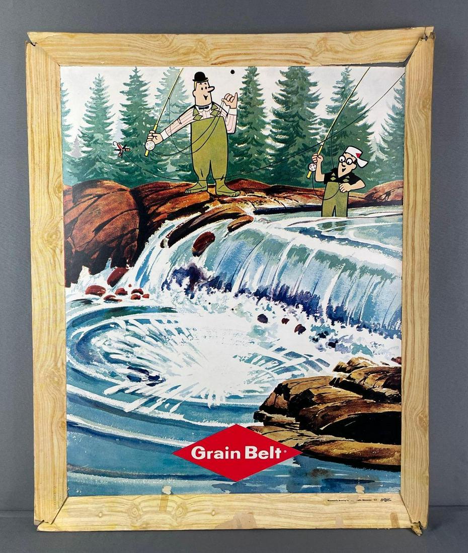 Vintage Grain Belt Beer Advertising Cardboard Sign: Stan Albert Fishing. tearing around frame, 2 small holes in middle. measures 32 x 25 inches