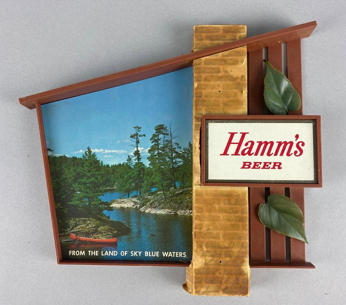 Vintage Hamms Beer Advertising Sign: Tin face is loose. 10 x 11 x 1 1/2 inches.