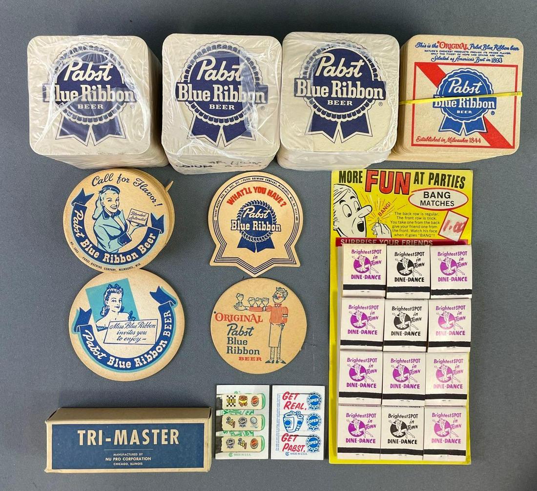 Group of Pabst Blue Ribbon Advertising Coasters And More: coasters, matchbooks, tear-offs and tri-master box. largest measures 10 1/2 x 5 inches